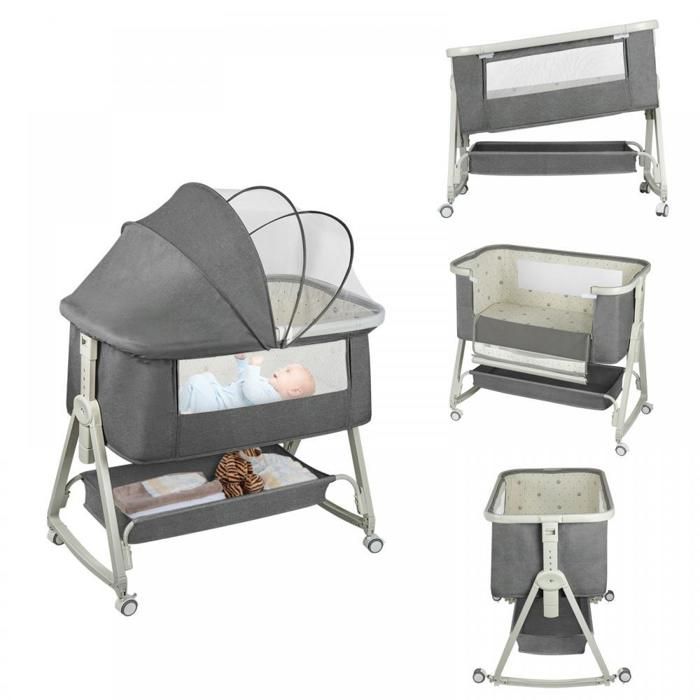 Lit bébé 3 en 1-Table à langer-modes bascule et inclinaison-Avec matelas et moustiquaire-6 Niveaux de réglage en hauteur(0-3ans)