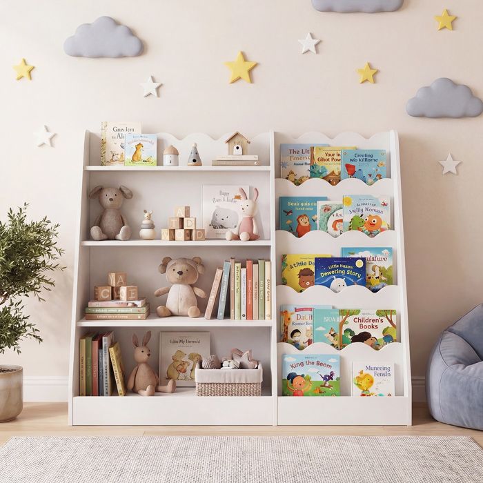 Bibliothèque Enfant Montessori-COSTWAY-5 Niveaux Ondulés 4 Étagères Ouvertes+Caché Rangement Livres 90 x40x80 5CM Blanc Bibliothèque Enfant Montessori-COSTWAY-5 Niveaux Ondulés 4 Étagères Ouvertes+Caché Rangement Livres 90 x40x80 5CM Blanc