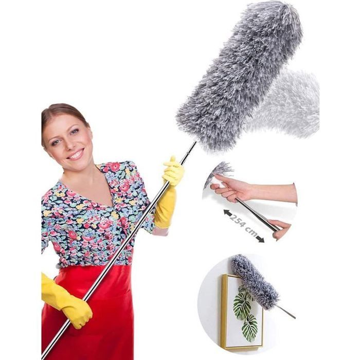 Plumeau Telescopique 254cm Tete de Loup Telescopique Microfibre Pliable Flexible Poignée en Acier Inoxydable Lavable Parfait p