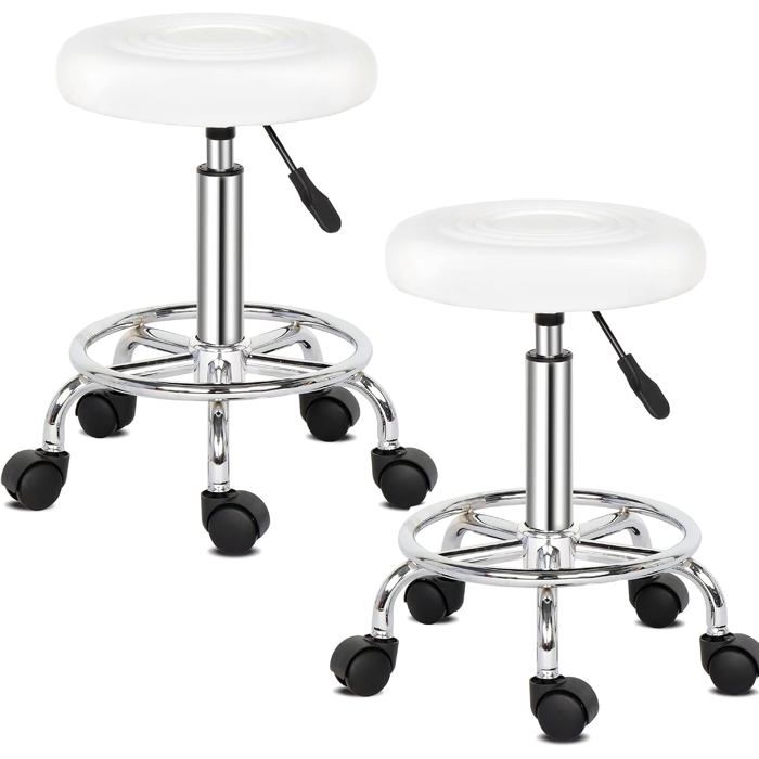 Tabouret Bureau à Roulettes 2 Pièces Chaise Rotation 360° Hauteur Réglable Simili Cuir Blanc Pied Chromé - Salon Cuisine