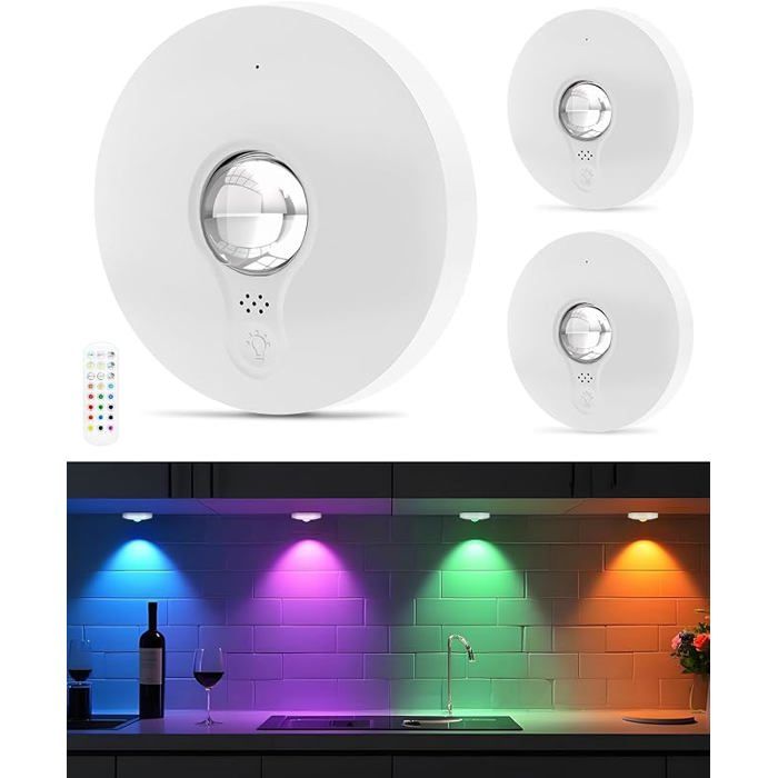 Lot de 3 Lampes RGB Rechargeables avec Télécommande LED Spot Sans Fil bnc mpe de cuisine sous pcard avec batt ECLAIRAGE DE MEUBLE