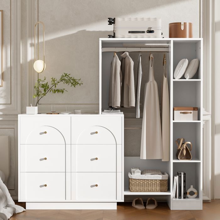 Armoire Chambre - avec Penderie Commode 6 Tiroirs et Étagères Latérales Tringle 139 × 35 × 133 cm Blanc