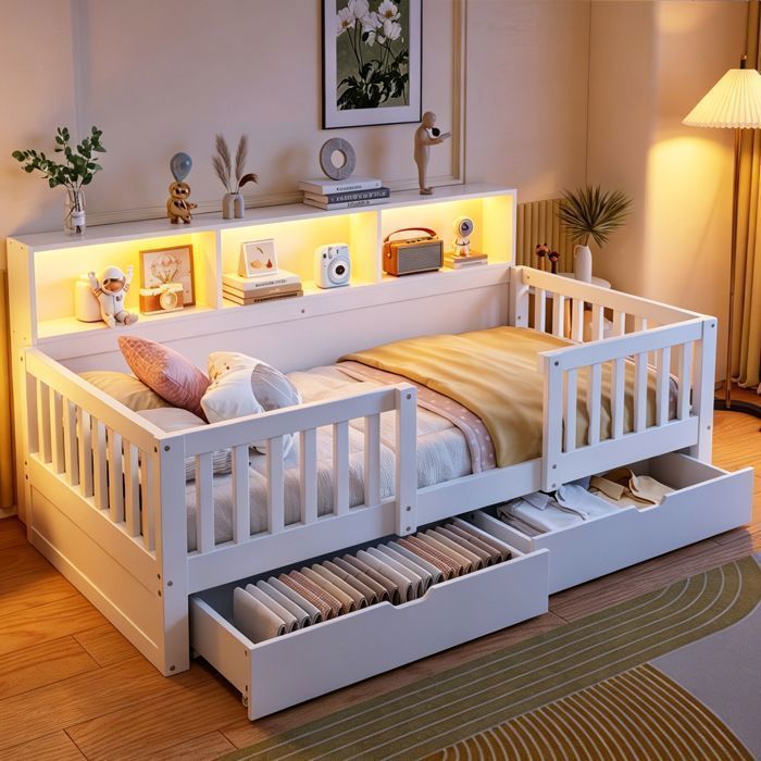 Lit enfant 90x200 cm Lit simple en bois avec barrière 2 tiroirs étagères et LED blanc