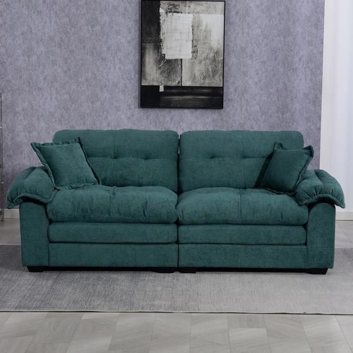 Canapé 2 places - KOMHTOM - 214x89x93 cm - Chenille vert - Siège profond - Mousse mémoire et ressorts Canapé 2 places - KOMHTOM - 214x89x93 cm - Chenille vert - Siège profond - Mousse mémoire et ressorts