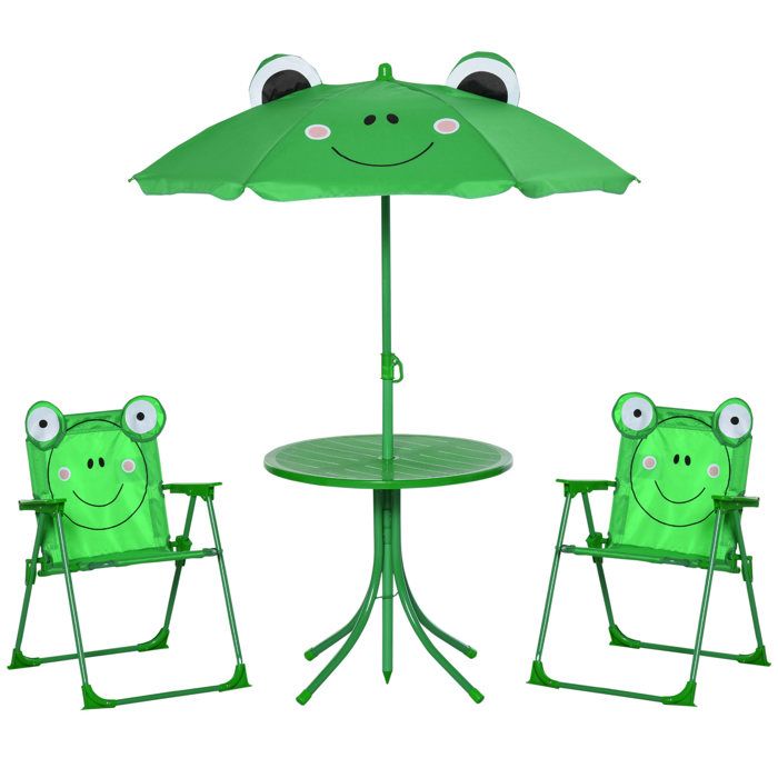 Ensemble jardin enfant grenouille – 2 chaises pliables + table + parasol – pour terrasse balcon – Vert