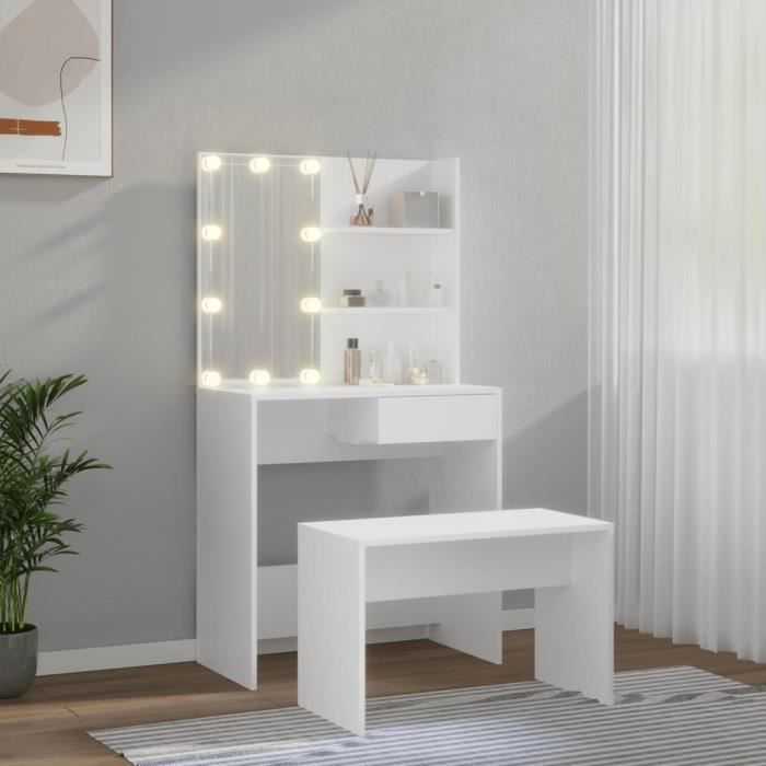 Coiffeuse Blanche Moderne Avec Miroir LED, 6 Tiroirs, Station De Recharge USB, Rangement Bijoux - Meuble Chambre Design Pour Maquillage Et Organisation - 8