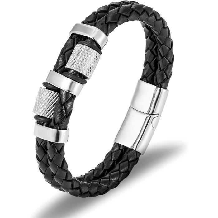 Moguri Lot De 2 Bracelets En Cuir Pour Homme Avec Croix - Faits Main, Réglables, Pendentif Croix Carrée Acier Inoxydable, Bracelet Jésus Noir