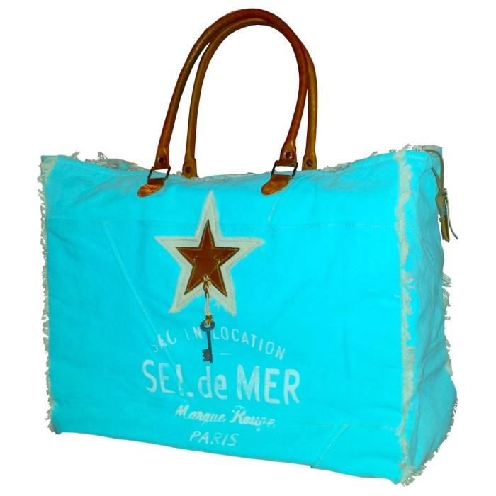 Panier Sac De Plage SAC TOILE TURQUOISE SEL DE MER ETOILE CUIR