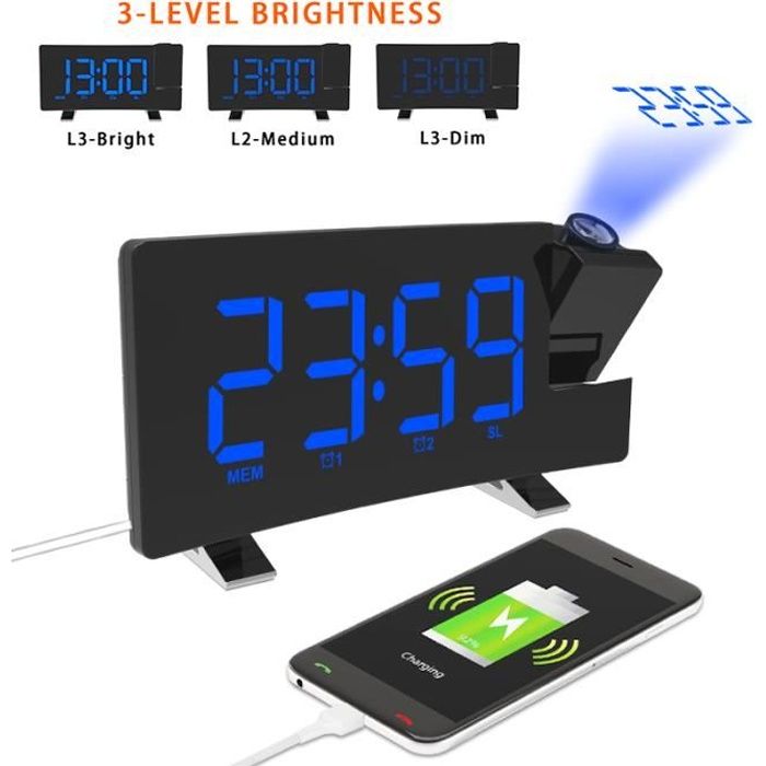 Réveil Horloge numérique avec radio et port de charge USB - Bleu
