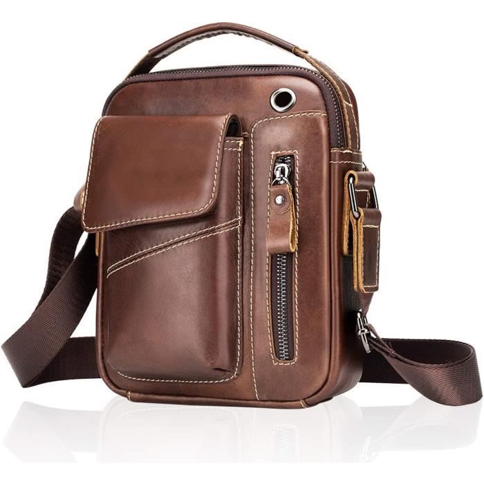 Sac Bandoulière Homme BAIGIO En Cuir Véritable - Vintage Multifonction - 18x10x23cm - Idéal Travail Et Voyage