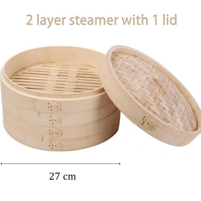 Cuit-vapeur Inox 2 étages 27 Cm - Panier Vapeur Pour Dim Sum, Légumes, Poisson - Couvercle Verre - Poignées Renforcées - 27x27x19.5 Cm