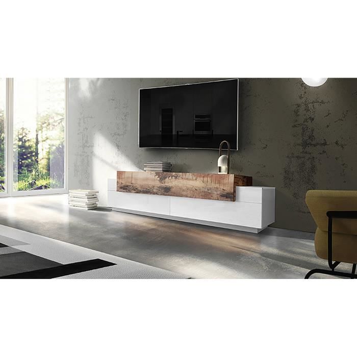 dmora meuble tv de salon, made in italy, meuble tv avec 3 portes et étagères, cm 200x45h52, couleur blanc brillant et érable