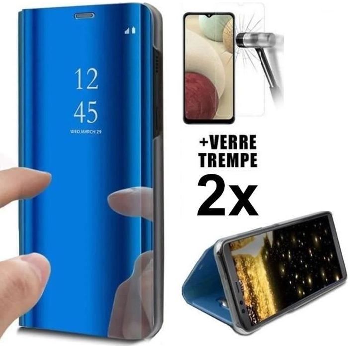 Coque pour SAMSUNG GALAXY A54 + 2 verres trempés Etui À Rabat Chromé Miroir Cover View bleu