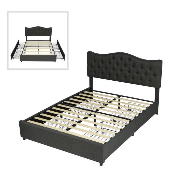 meubles cosy lit coffre avec tête de lit et tiroirs,sommier à lattes en bois,métal structure,pieds en plastique,noir,gris,160x200cm