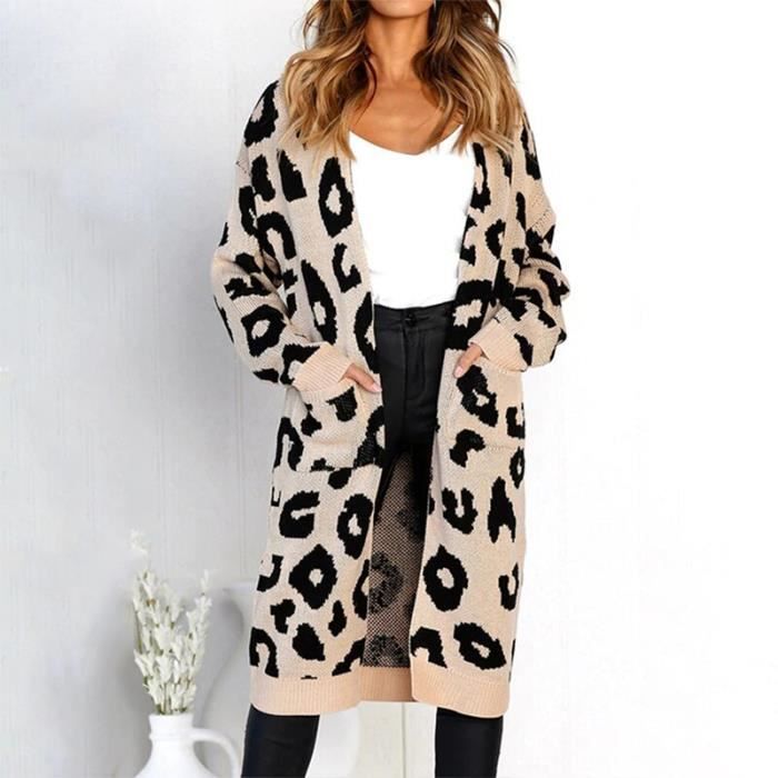 Gilet Cardigan Femme Cardigan Vintage imprime leopard pour femmes Long elegant Harajuku veste pull en tricot Kaki A68563 Blanc Cdiscount Pret a Porter