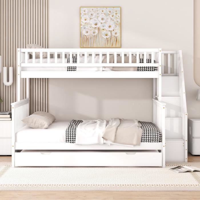 creahappy lits superposés avec lit pliant et escalier ,lits pour enfants,140 x 200cm，90 x 200cm，blanc
