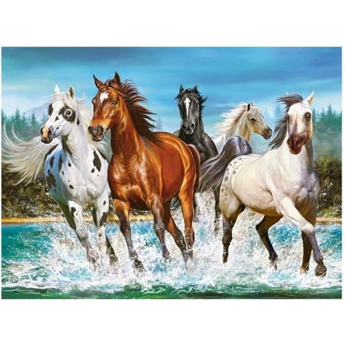 puzzle adulte chevaux blancs noir et brun qui galopent dans l'eau 2000 pieces - collection animaux