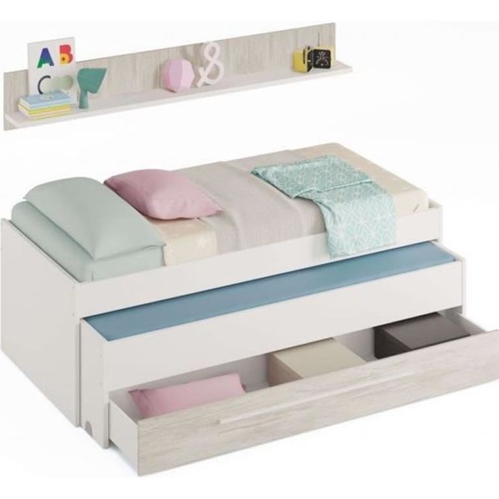 Lit enfant gigogne double coloris blanc artic - blanc poli - Hauteur 65 x Longueur 199 x Profondeur 96 cm Lit enfant gigogne double coloris blanc artic - blanc poli - Hauteur 65 x Longueur 199 x Profondeur 96 cm