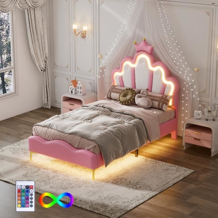 Lit enfant fille - PERGAR - 90x200cm - LED - Couronne - Rose