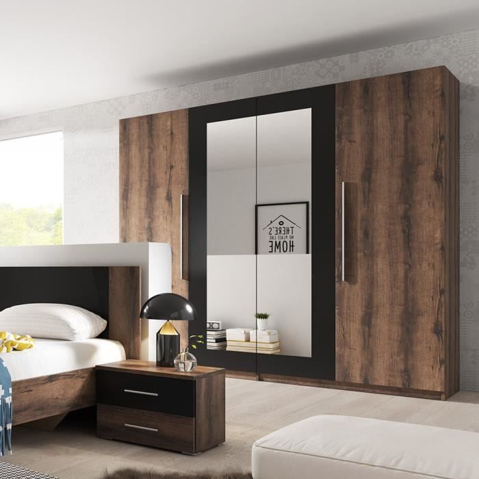 Armoire 4 portes avec miroirs couleur chêne foncé et noir VERO 57