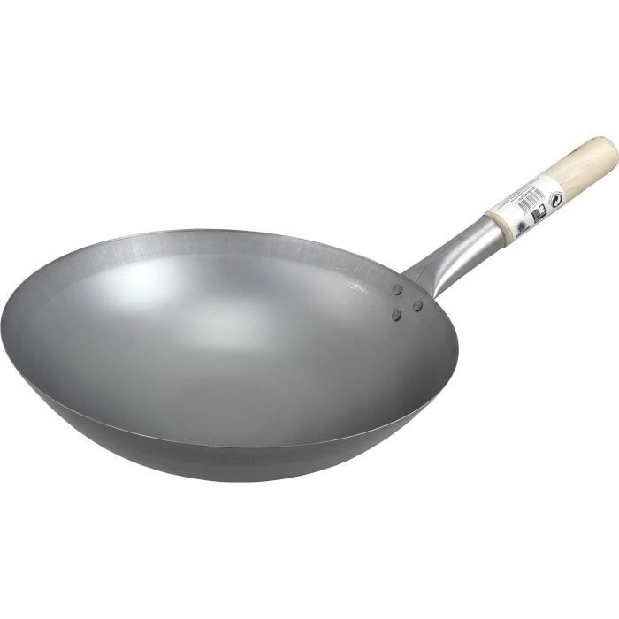 Wok En Acier Au Carbone Avec Fond Rond De 33 Cm De Diamètre Et Manche En Bois Rond[J438