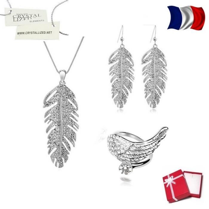 Parure Bijoux Femme Plume avec Bague Swarovski Elements Blanc