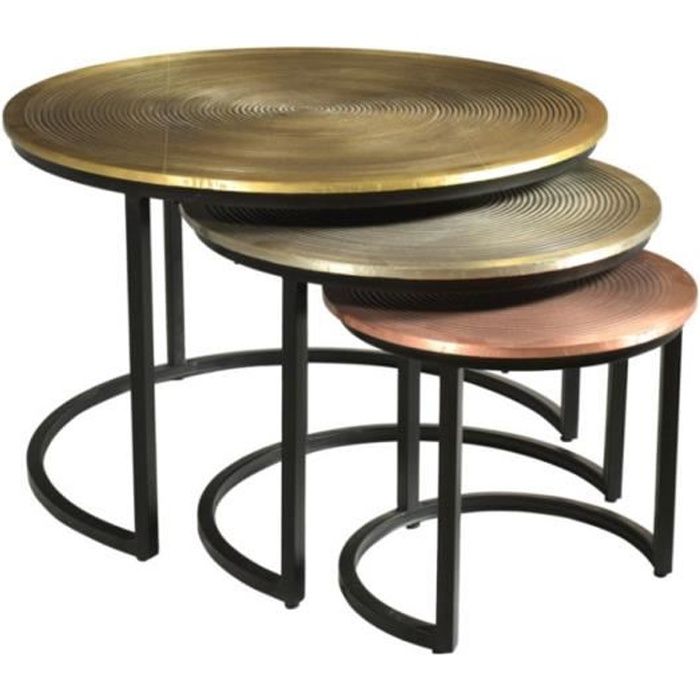 Tables basses gigognes CANDEUR - Motifs sculptés - Acier - Coloris : Doré, argent, cuivre