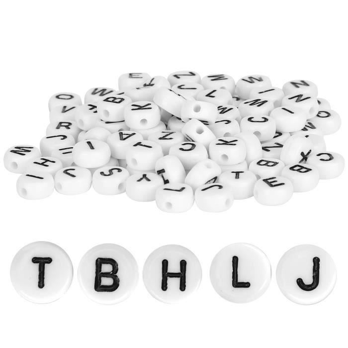 100 Perles Alphabet Acryliques Blanches Lettres Noires 8mm - Pour Créations