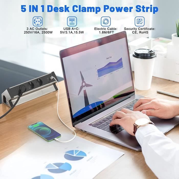 AJW-Multiprise Electrique USB C Prise Plan de Travail 3 Prises 2 USB ...