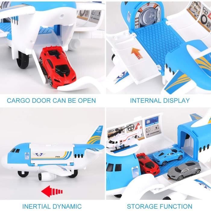 Avion Cargo Transformable DeAO – Conduite Inertielle, Lumières, Musique – Avec Voitures, Barricades, Carte – Jeu éducatif 3-4 Ans – Cadeau Garçon