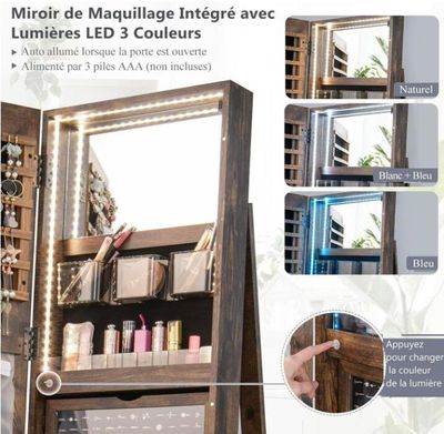 RELAX4LIFE Armoire à Bijoux Pivotante 360° Avec Miroir Sur Pieds - Verrouillable - Marron Rustique