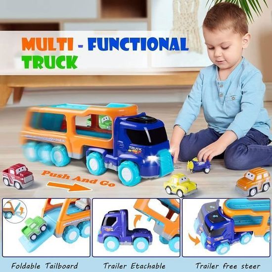 Camion Jouet 5 En 1 Avec Lumières Et Sons – Transporteur De Voitures + 4 Mini-voitures à Inertie, Pour Enfants 3-5 Ans