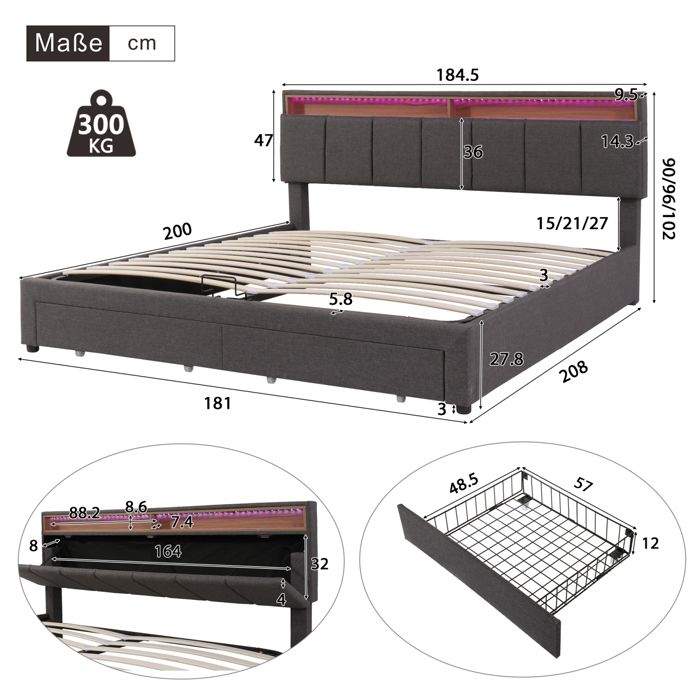 Lit 140x200cm, Lit Coffre Avec LED, USB Type C, Sommier à Lattes, En Coton, Sans Matelas, Beige