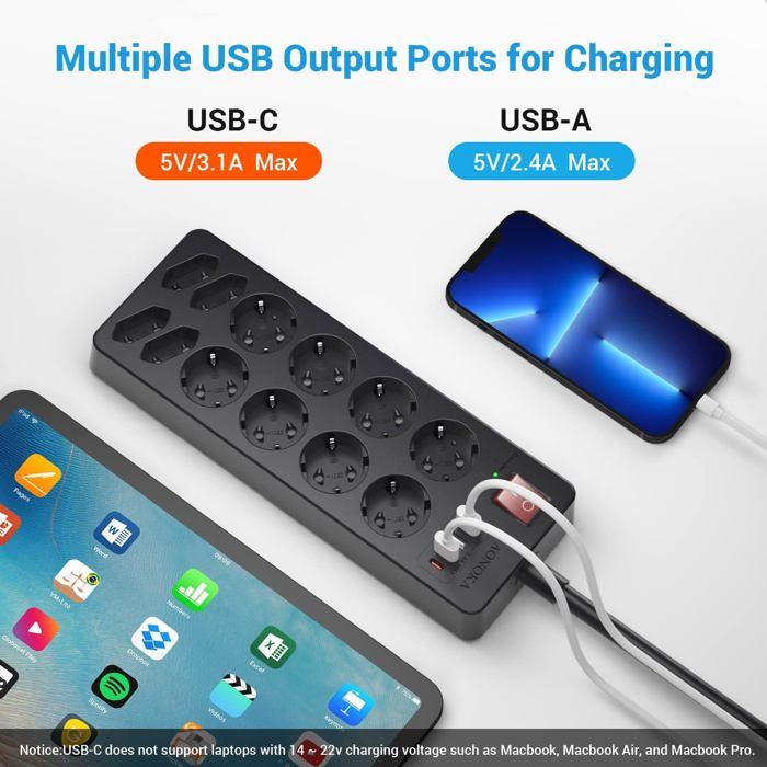 Multiprise Electrique USB C 12 Prises Multiprise Parafoudre Jusqu'à ...