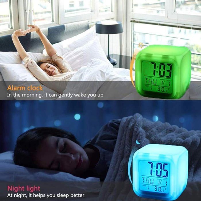 Réveil Digital LED à 7 couleurs changeantes, veilleuse de nuit, pour enfants - kaki foncé