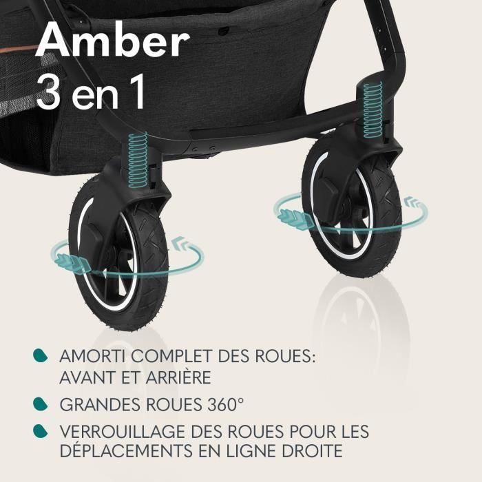 LIONELO Amber - Poussette bébé 3en1 - Jusqu'à 22Kg - Inclu nacelle, cosy,  siège auto, sac et accessoires - iSize - Gris
