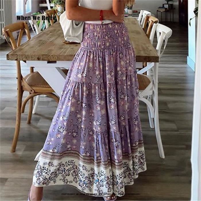 Jupe Jupe longue a imprime Floral pour femmes style boheme taille haute elastique ligne a mode Boho RS171 ete Bleu D25282 Blanc Cdiscount Pret a Porter