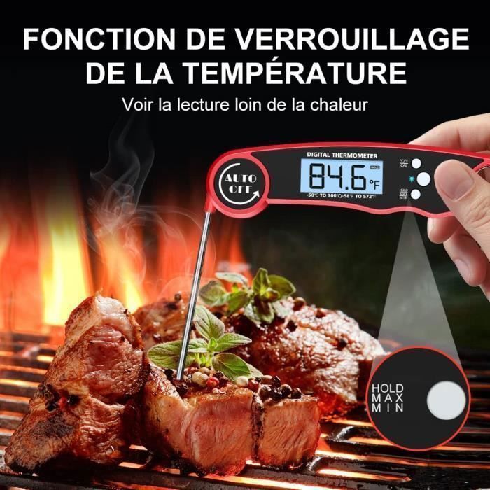 Thermomètre à Viande Numérique à Lecture Instantanée Étanche avec Rétroéclairage à Sonde Pliante de 4,6 Po et Fonction d'Étalonnage pour la Cuisson des Bonbons Alimentaires, Barbecue, Liquides, Bœuf (Noir