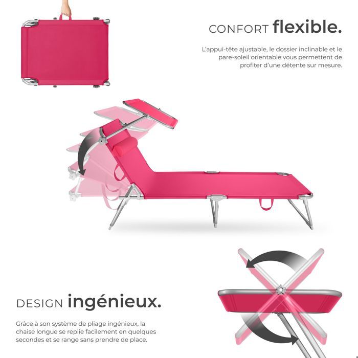 Chaise Longue Pliante Avec Pare-Soleil & Appuie-Tête - Transat Jardin, Plage, Camping | Gris - Tectake