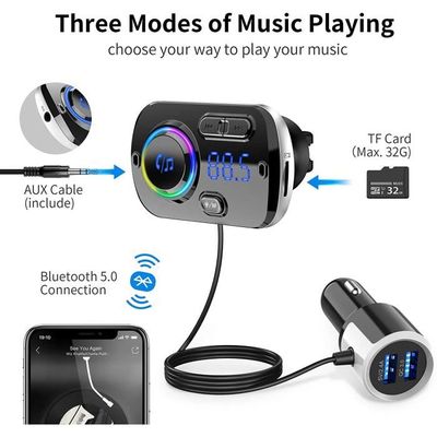 WANGCL Adaptateur Bluetooth 5.0 Voiture - Transmetteur FM Avec Lumière Ambiante 7 Couleurs - Charge Rapide QC3.0 - Mains Libres
