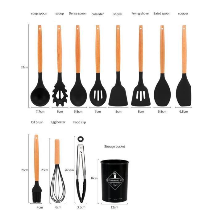 FUYTERY Ensemble 11 Pièces Ustensiles De Cuisine En Silicone Résistant à La Chaleur – Set Coloré Bleu Avec Manches Bois, Anti-adhésif Et Facile à Nettoyer