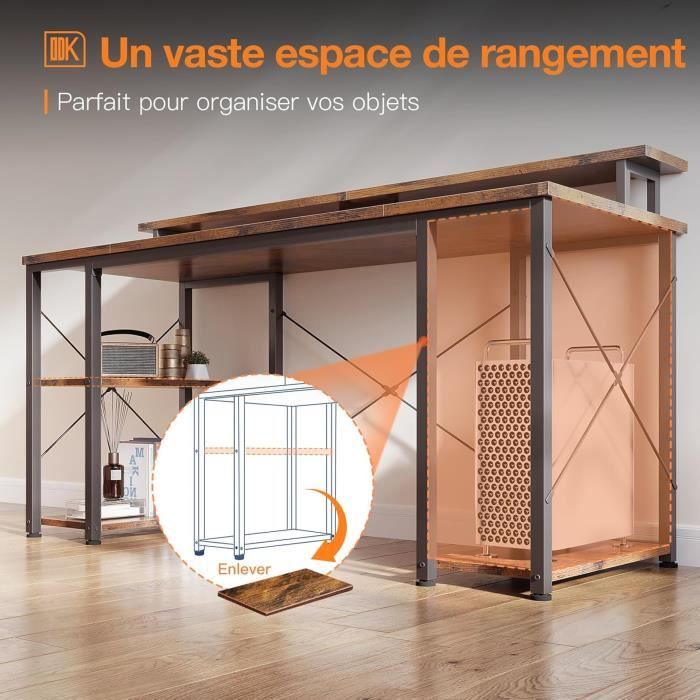 Bureau Gaming ODK En L 150x120cm - LED, Ports USB, étagère - Brun Vintage