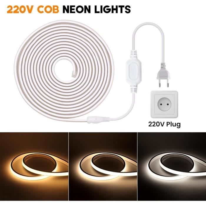 KISUFU DC 220V COB flexible LED bande lumineuse ip65 imperméable à l'eau super lumineux dimmable LED bande lumineuse haute luminosité 360 LED/M LED avec cordon d'alimentation. 2m, Blanc naturel