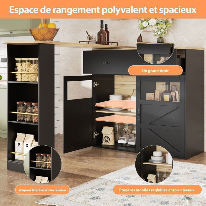 MERAX Meuble Bar Noir Moderne - Tiroir et Portes 138-204 cm - avec Table de Repas Haute - Maison