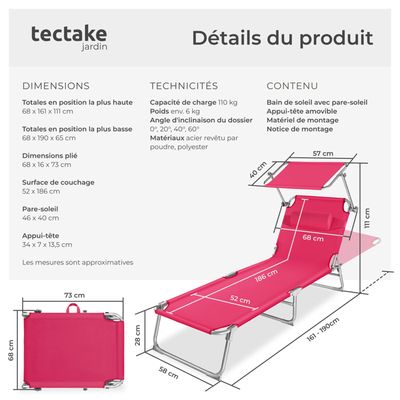 Chaise Longue De Jardin Pliante Rembourrée - 6 Positions, Dossier Inclinable, Coussin 5 Cm - Poids Max 100 Kg