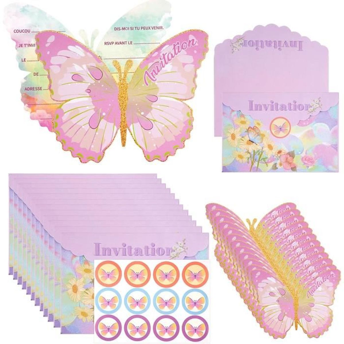 Kit Cartes D'invitation Papillon - 12 Cartes + 12 Enveloppes + 40 Autocollants, Thème Violet Et Bleu