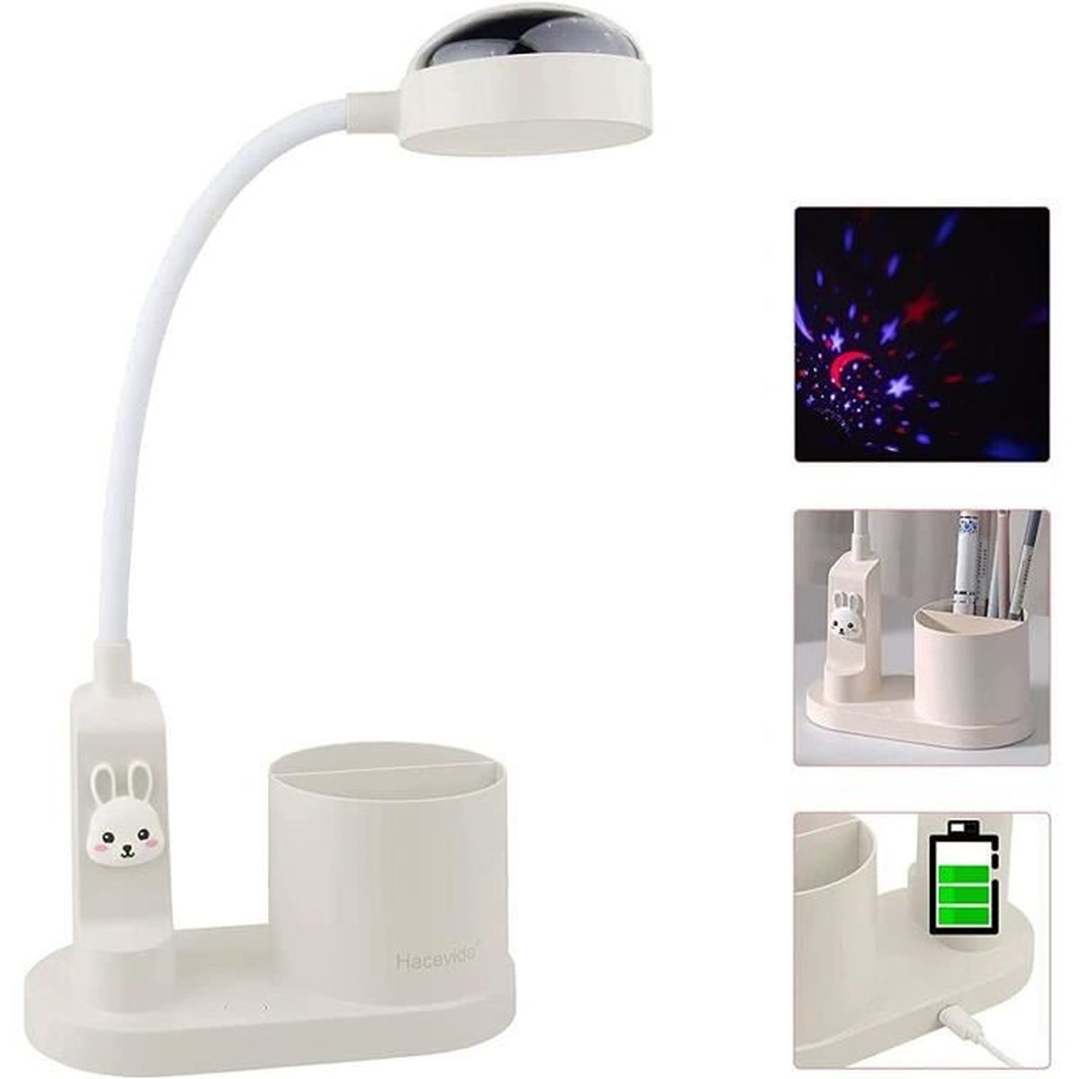 Lampe Bureau Enfant Hacevida - Projecteur Étoiles, Porte-Stylo, LED Rechargeable, 3 Luminosités (Rose)