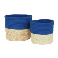 Cache-pots en coton - LIGNE DECO - Lot de 2 - Bi-matière et bi-colore bleu - Diamètre 20 et 25 cm