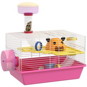 CAGE Cage à hamster - PawHut - rat rongeur avec plateforme - biberon eau - roue - maisonnette -  34 x 27 x 25 cm - rose