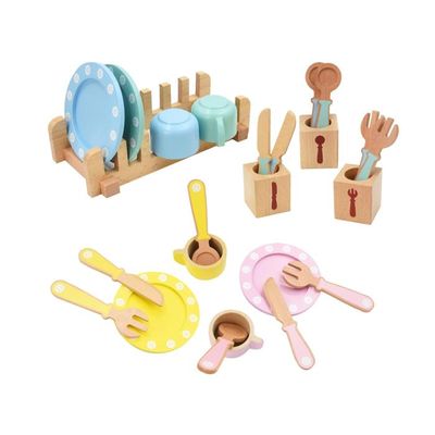 Aolkee 24 Pièces Dinette Enfant Bois - Ustensiles Cuisine Réalistes - Jeu De Rôle Éducatif 3 Ans+ - Coffret Avec Assiettes, Tasses, Couverts